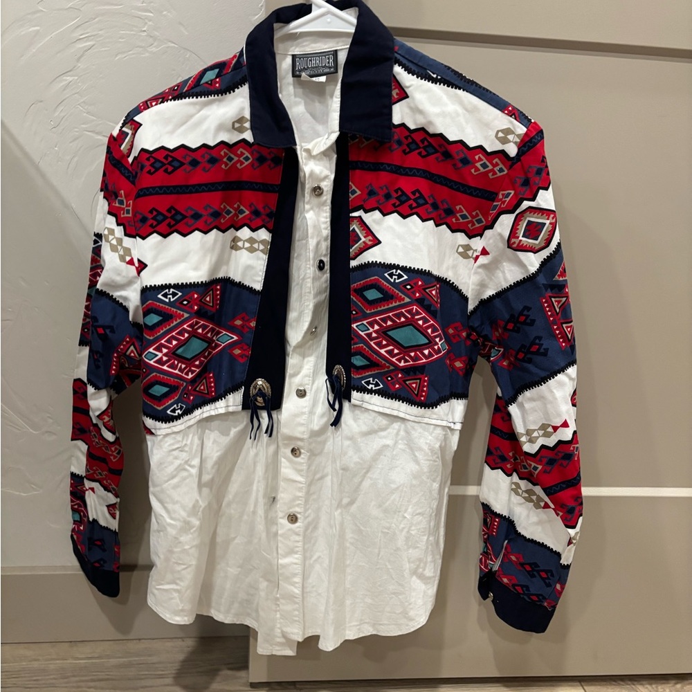 Roughrider Women's Red and White Button Down w/ concho details